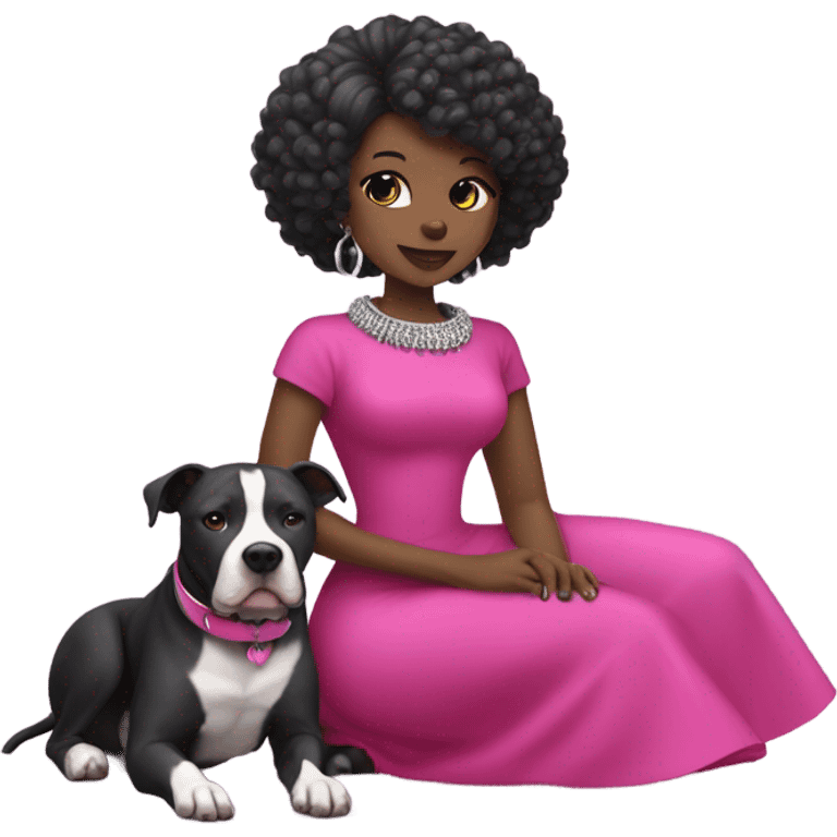 Black lady with black hair wearing hot pink dress hugging large all grey pitbull with spiked pink collar emoji