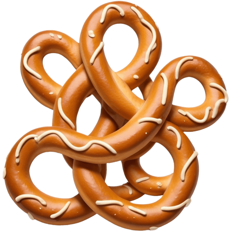 Cinematic Realistic Pretzels Dish Emoji, featuring freshly baked, twisted pretzels with a glossy, salted crust rendered with detailed textures and warm, appetizing lighting. emoji