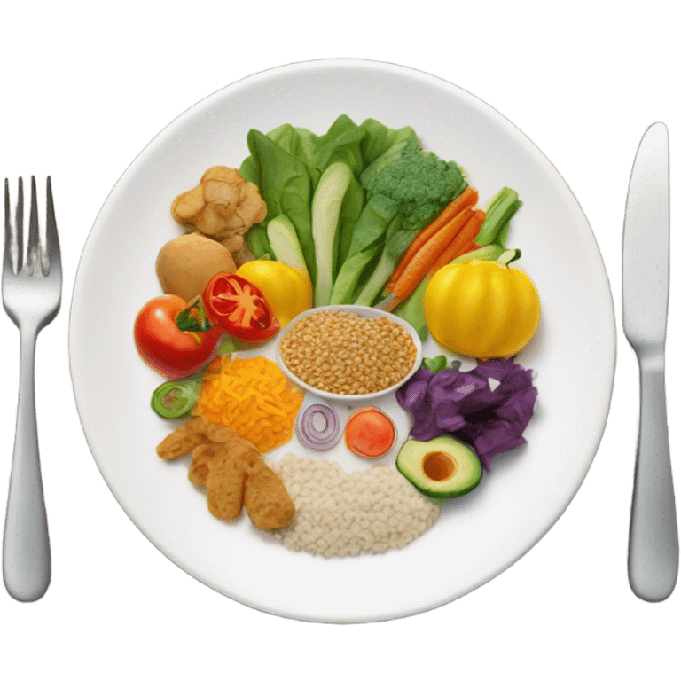 A large white round plate of healthy food emoji