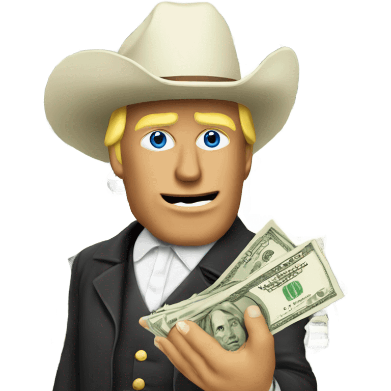 Trump wears cowboy hat holding many dollars on his hand emoji