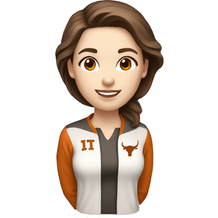 Brown hair, pale skin, woman. Wearing University of Texas Longhorn clothes emoji