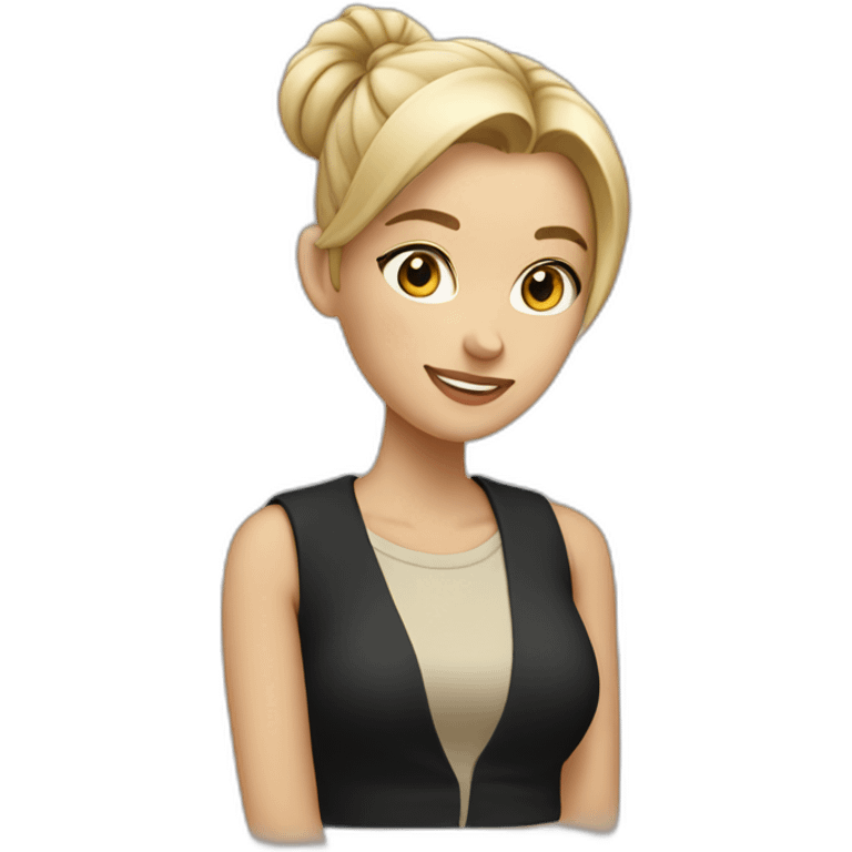 female designer with pen behind ear, blonde bun, beige vest, black top emoji