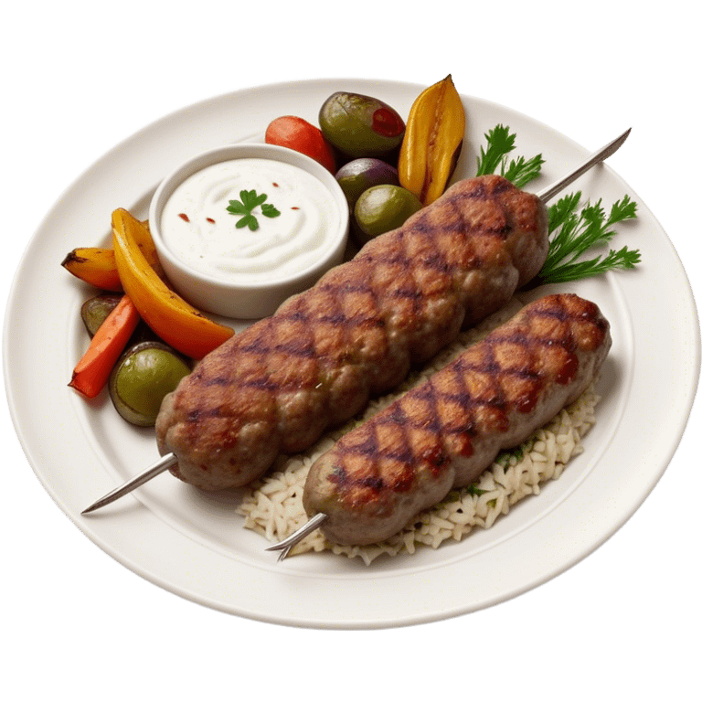 Cinematic Realistic image of a long, hand shaped Turkish Köfte, rendered with richly spiced meat textures and subtle grill marks, artfully arranged on a traditional Turkish ceramic plate alongside classic sides such as a serving of aromatic pilaf, crisp grilled vegetables, and a dollop of creamy yogurt, all bathed in warm, appetizing lighting that emphasizes its savory allure. emoji