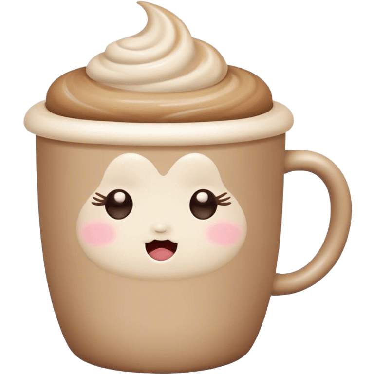 Cute Kawaii Coffee Cup, cozy and warm, a tiny swirl of steam shaped like a heart, round chubby face with a sleepy but content expression, soft pastel brown and cream colors, perfect morning vibes! emoji