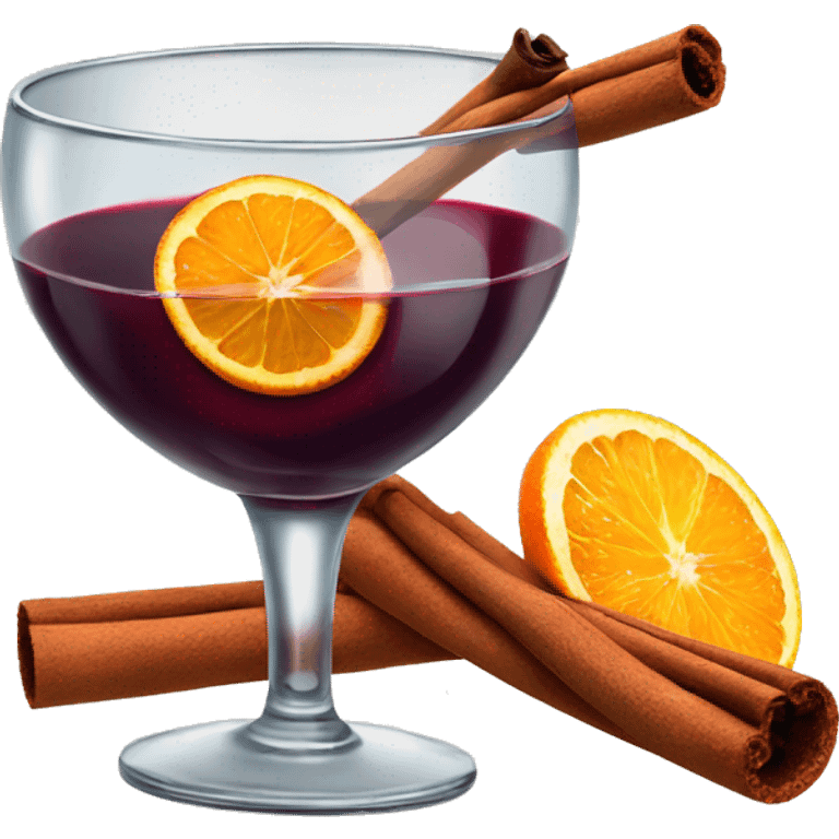 A martini glas filled with red wine, a cinnamon stick and a slice of orange emoji