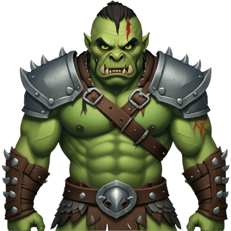 Cinematic Realistic WoW Orc Warrior Portrait, captured in a dynamic, battle-ready stance, muscles bulging beneath intricately detailed tribal armor accented with dark leather and iron. His fierce, determined eyes and battle-scarred green skin are rendered with dramatic natural lighting and high shine, exuding raw, relentless fury in a fierce combat pose. emoji