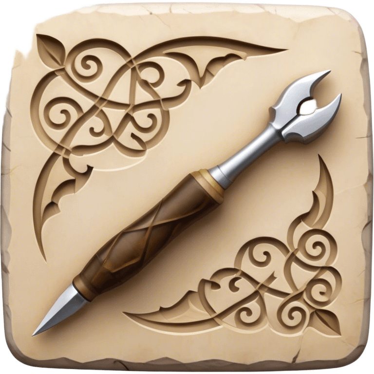 Carving icon, stone, bone, and horn with detailed patterns, carving tools like chisel and awl, minimalistic style, clean lines, transparent background. emoji