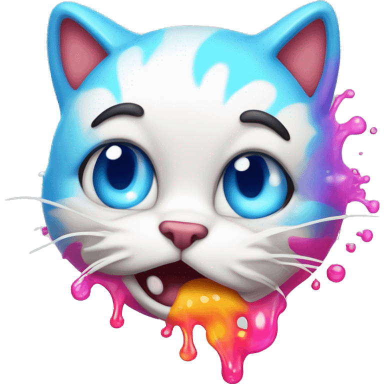 A cute cat character looking unwell, with a colorful stream of liquid coming from its mouth, depicted in a cartoonish and playful style emoji