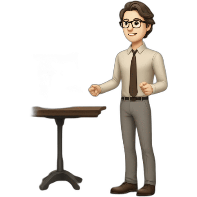 Full height Pale skinned fit man with dark brown hair in gray jacket, beige office shirt, brown tie, brown pants and vintage glasses. His right hand stretched out emoji