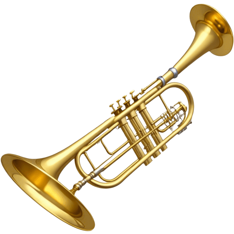 Create a refined emoji representing a trombone. The design should feature a gleaming trombone with its characteristic sliding mechanism and bell. Add musical notes flowing around the instrument to evoke its sound in a band or orchestra setting. Use gold, brass, and silver to highlight its professional appearance. The background should be transparent. emoji