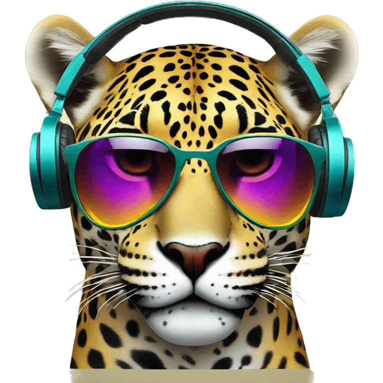 striking jaguar dj, emoji head, looking forward, wearing reflective sunglasses, wearing colorful big over-ear headphones on top of head emoji