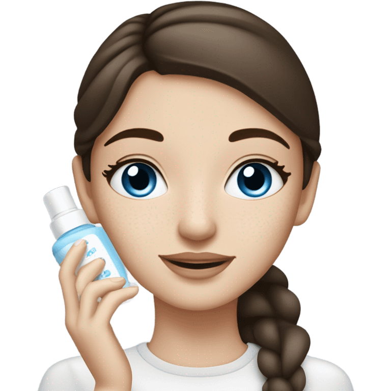 White Skin care on white freackles skin of a brunett blue eyed girl using skin care emoji