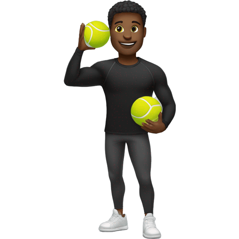 black guy black long sleeve shirt arms up, holding tennis ball above head emoji