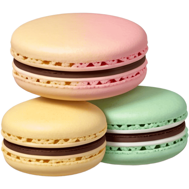 Cinematic Realistic Macaroon Dessert Emoji, showcasing colorful, delicate meringue-based cookies with a crisp exterior rendered with vibrant textures and playful, soft lighting. emoji