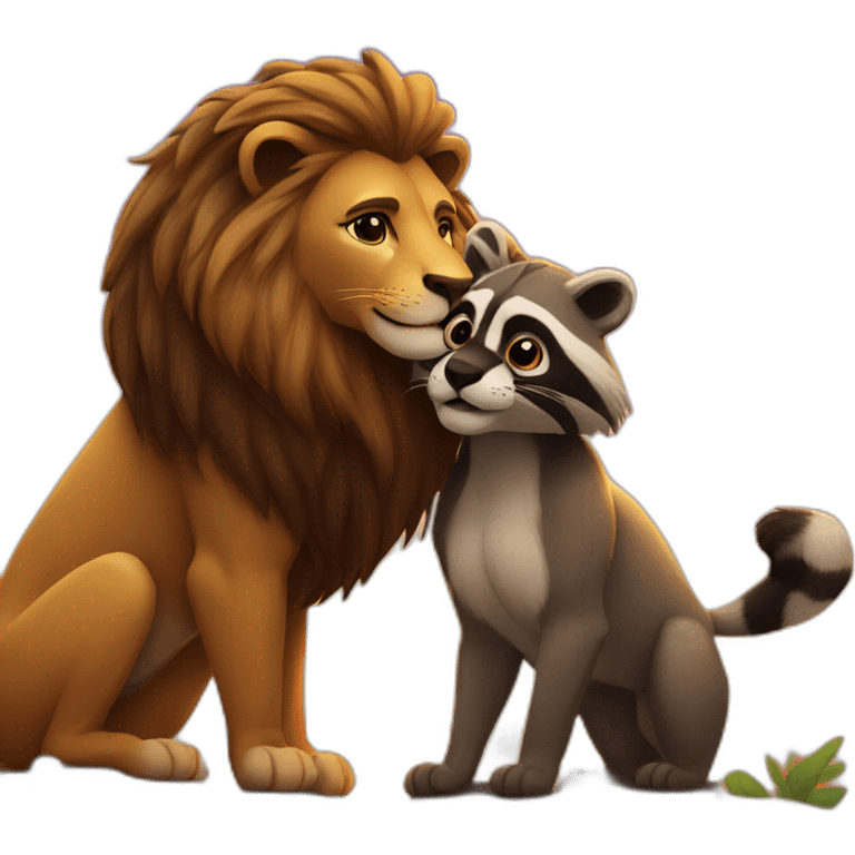 a lion and a raccoon embracing while a sunset is in the background emoji