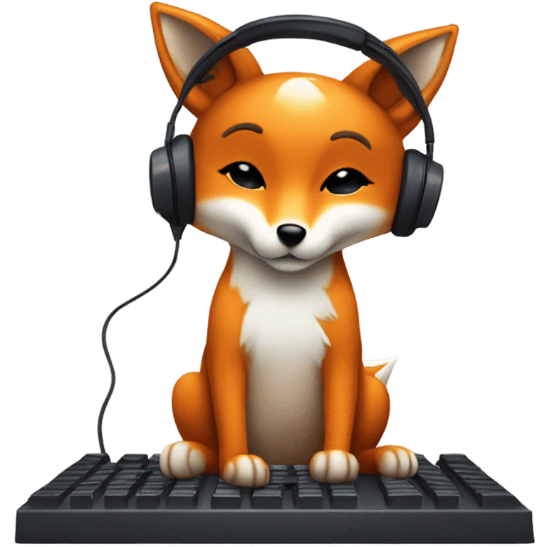 Detailled Baby kawaii fox with headphones on ears and keyboard computer emoji