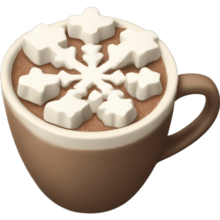 A cup of hot chocolate in a textured cream colored mug with snowflake shaped marshmallows on top emoji