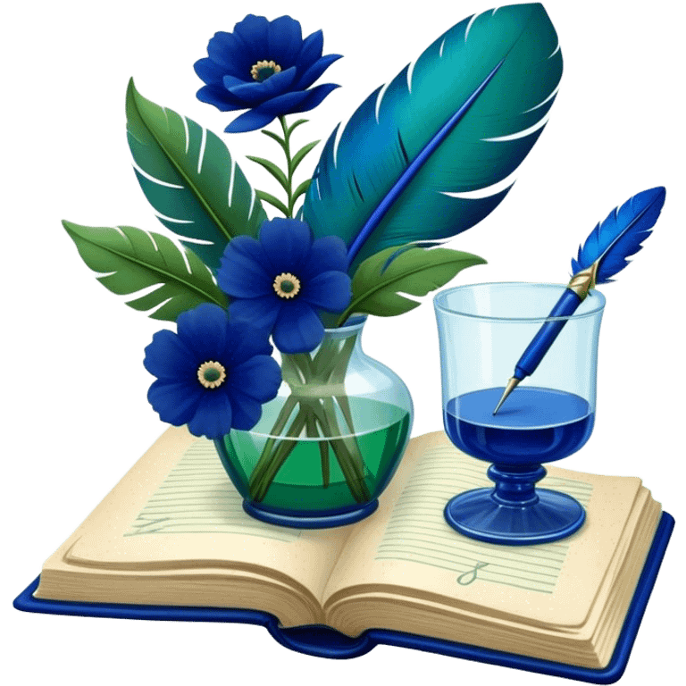 An artistic composition of an old green book with deep blue flowers in a glass vase, a quill pen resting nearby. emoji