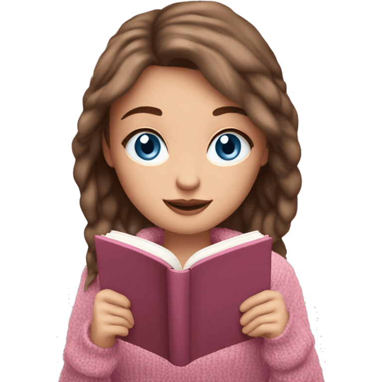 Pretty white girl with BLUE eyes and brown hair in pink cozy sweater reading book emoji