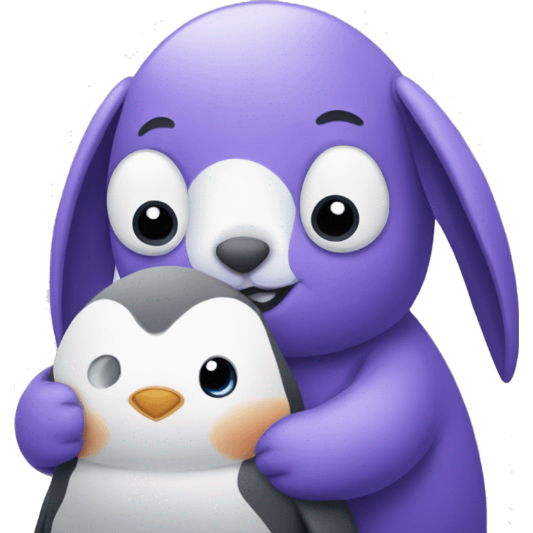 Purple bunny with floppy ears hugging a penguin emoji