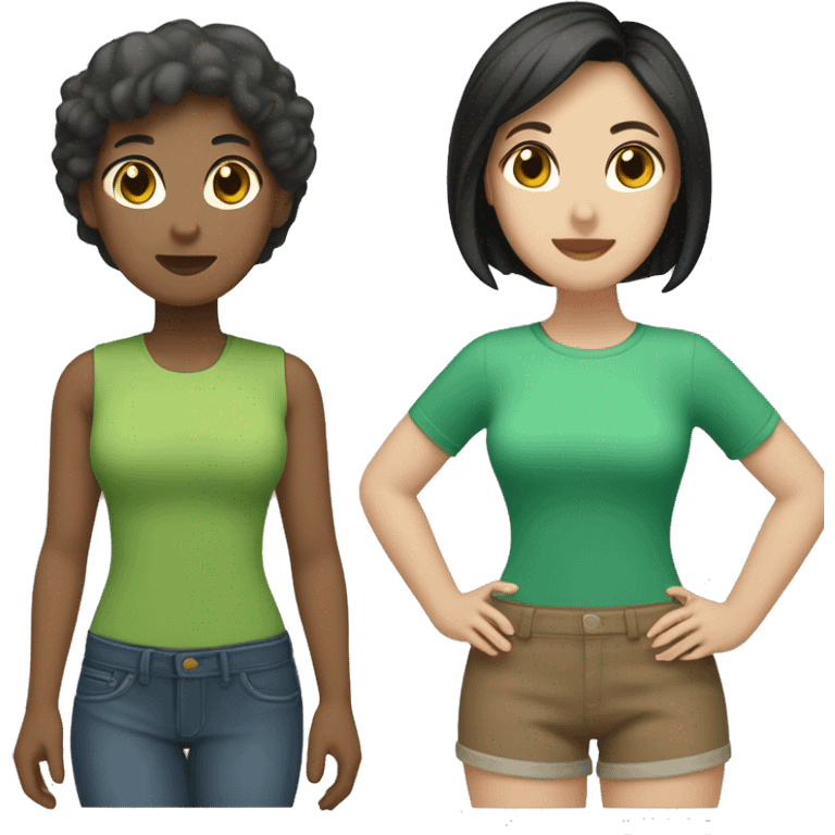 Two lesbians One has shorts boyish black hair with brown hair and the other has a light brown bob cut with green hair emoji