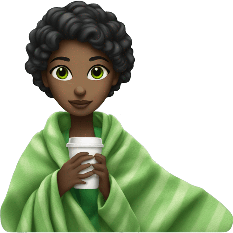 black hair girl with green eyes a blanket sipping starbucks coffee emoji