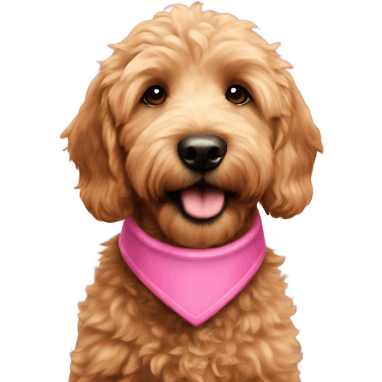 Mini brown female golden doodle with pink collar giving kiss emoji