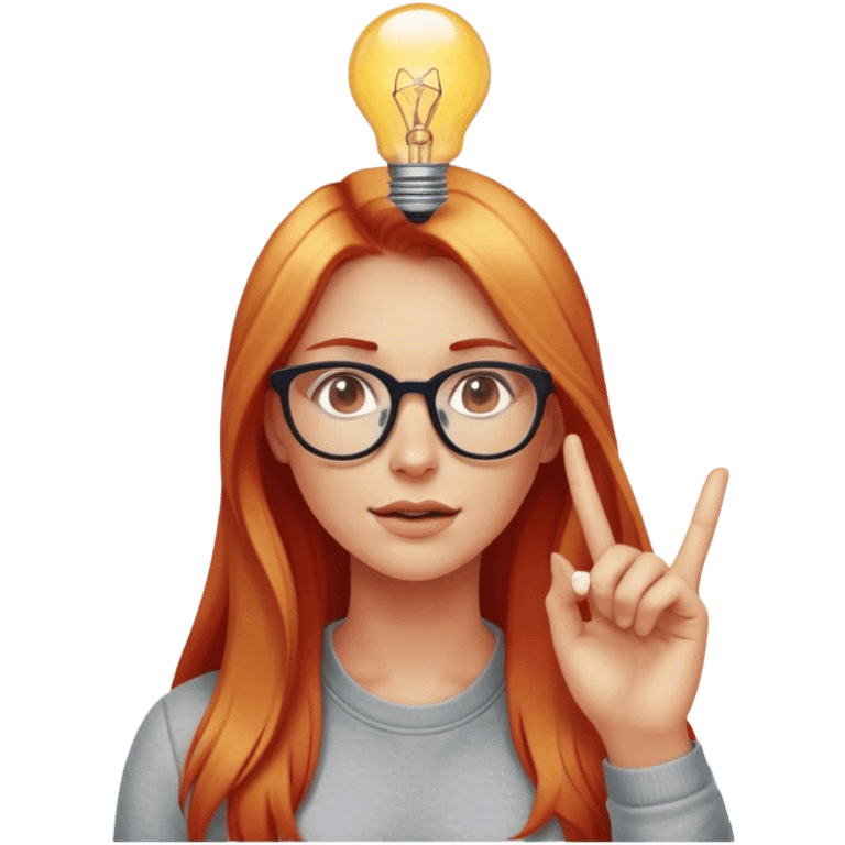 intelligent and clever, 30 year old, girl, long red and almost blond hair, glasses, has an brillant idea, light bulb over the head, casual cloth  emoji