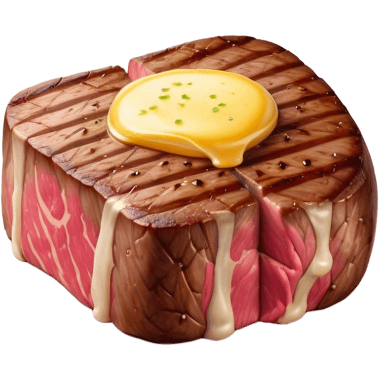 Cinematic thick-cut steak, perfectly seared with grill marks, a juicy pink center, butter melting on top, rich and savory, warm glow, sizzling and mouthwatering, highly detailed and appetizing. emoji