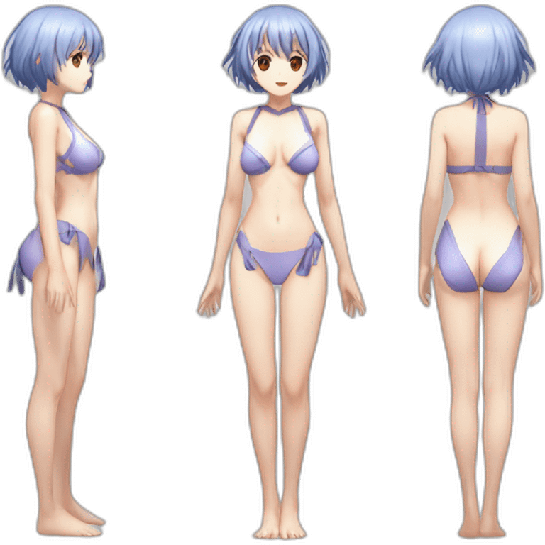 rei ayanami nue, full-body, short-hair, teen, back and front views, bikini emoji