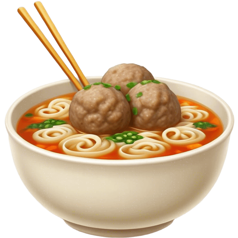 Cinematic Realistic Bakso Dish Emoji, showcasing savory meatball soup with noodles rendered with detailed textures and warm, inviting lighting. emoji