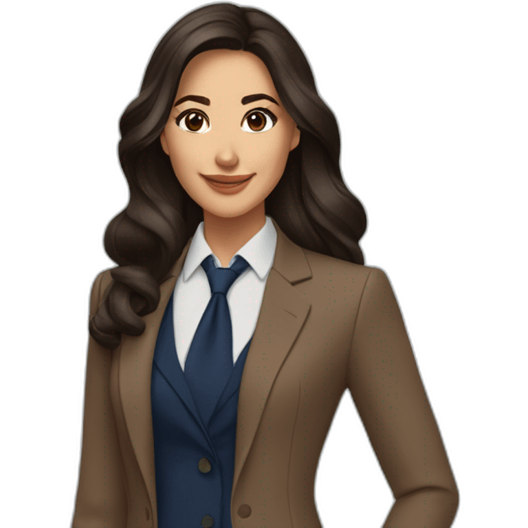 Beautiful woman with long dark brown hair, big almond shape brown eyes wirh long eyelashes, pretty smile with medium full lips, defined jawline, medium size nose, wearing a navy power suit  emoji