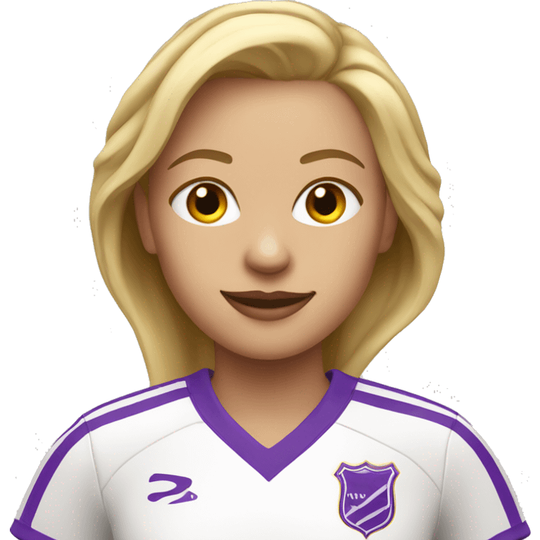 a blonde woman in a white soccer jersey with purple pinstripes going down emoji