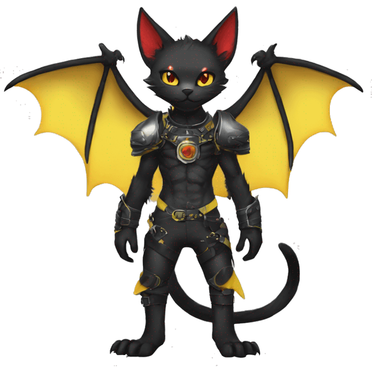 cool anthro edgy black punk red yellow ethereal fantasy nargacuga-bat-cat-Fakemon collar harness full body emoji