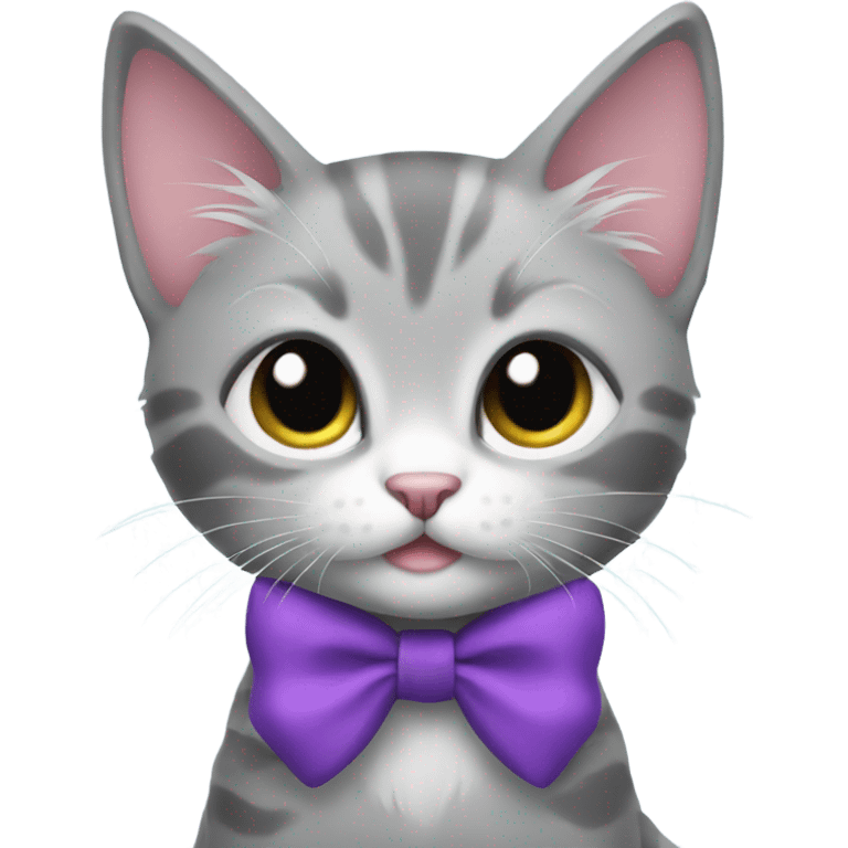 Grey kitten wearing a purple bow emoji