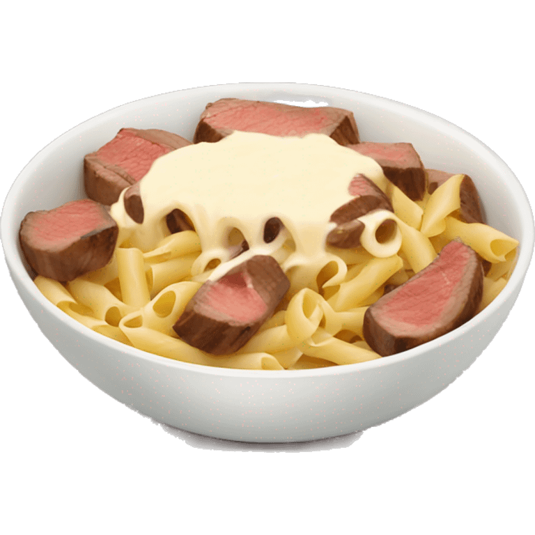 bowl of pasta with cream sauce and steak in top emoji