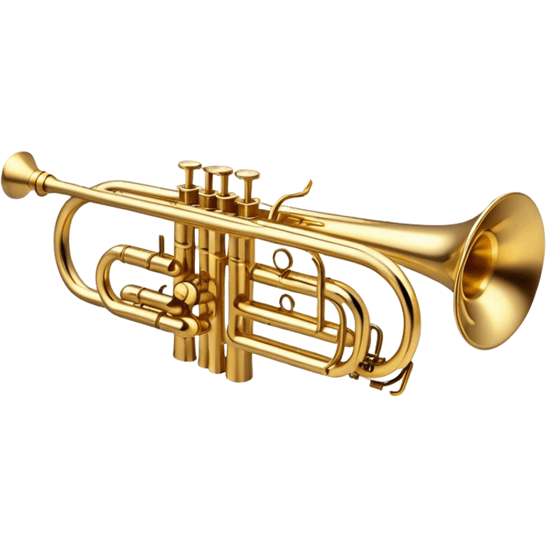 Cinematic Realistic Trumpet, polished brass with warm golden reflections, intricate valve details subtly highlighted, soft hands pressing the keys, glowing with bold and triumphant musical energy. emoji