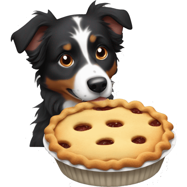 Small black australian shepherd dog eating pie  emoji