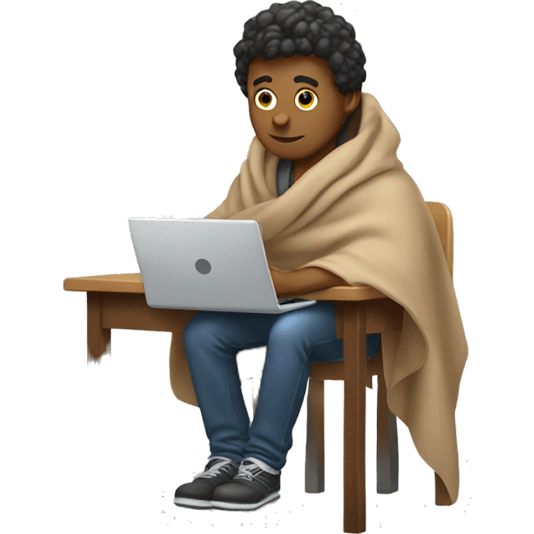 male sitting at a school desk with a big blanket wrapped around shoulders working on chromebook emoji