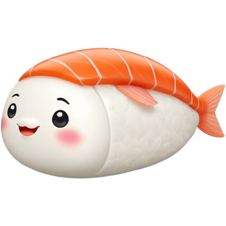 Cute Kawaii Nigiri Sushi, plump and happy, a soft white rice pillow topped with bright orange salmon, tiny blushing cheeks, big round eyes, a joyful floating expression! emoji