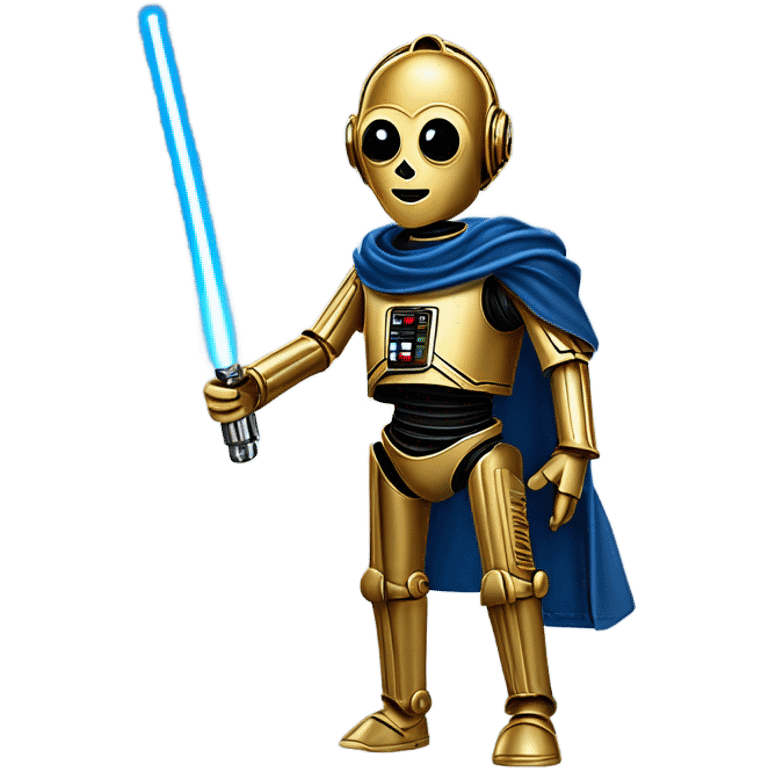 darkblue-pearl friendly smiling bounty hunter c3po droid wearing leather duster, backpack, saddlebags and light saber ready to fight at ease. steampunk emoji