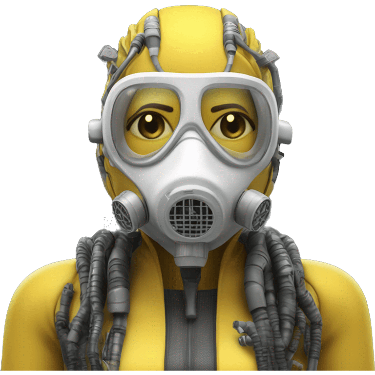 Dark yellow Mohawk female cyborg head with white respirator mask and circuits emoji