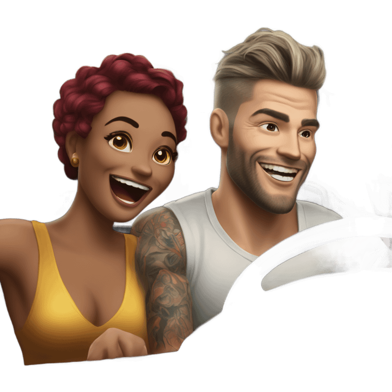 Hyper Realistic beautiful woman and a handsome tattooed man laughing while driving in a fancy car emoji