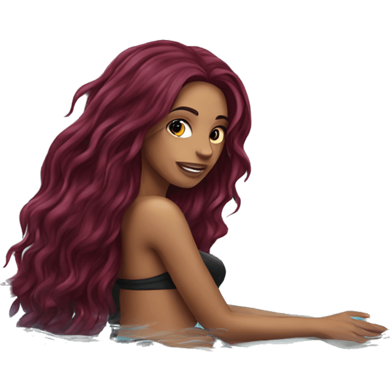 Beautiful tattooed  burgundy long haired woman swimming in a pool emoji