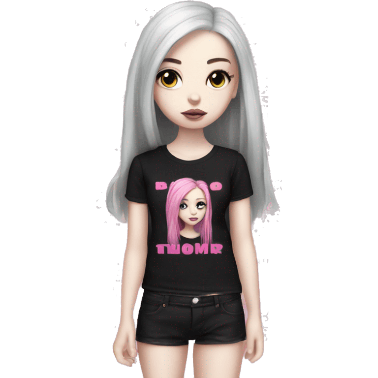 Hyperreal pale skin emo girl with long pink and black hair with black band tee with pink lettering on front emoji