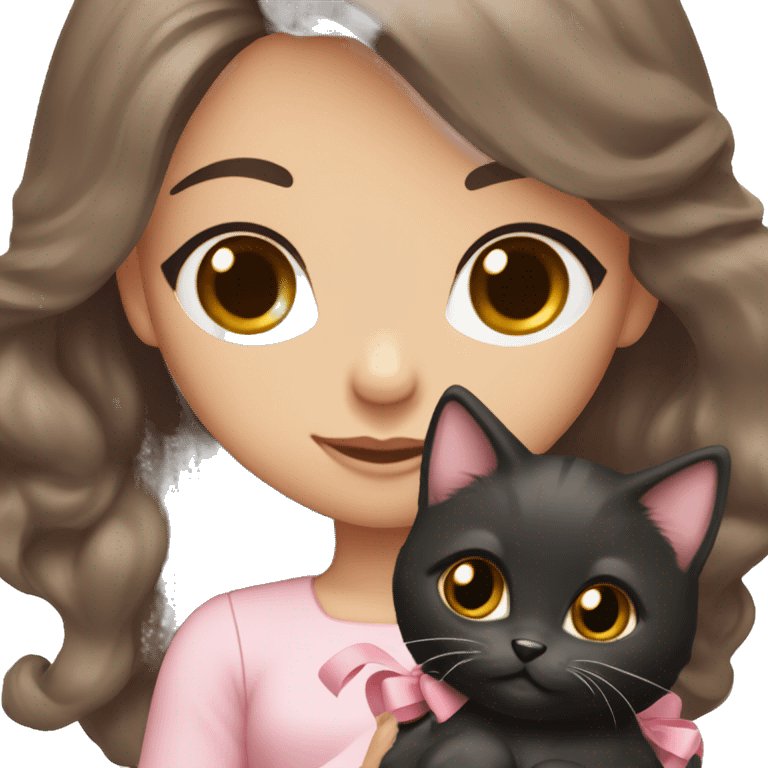 olive-toned brunette with long wavy dark brown hair and brown eyes, wearing a light pink hair bow. She is holding a black kitten that also has a matching pink bow emoji