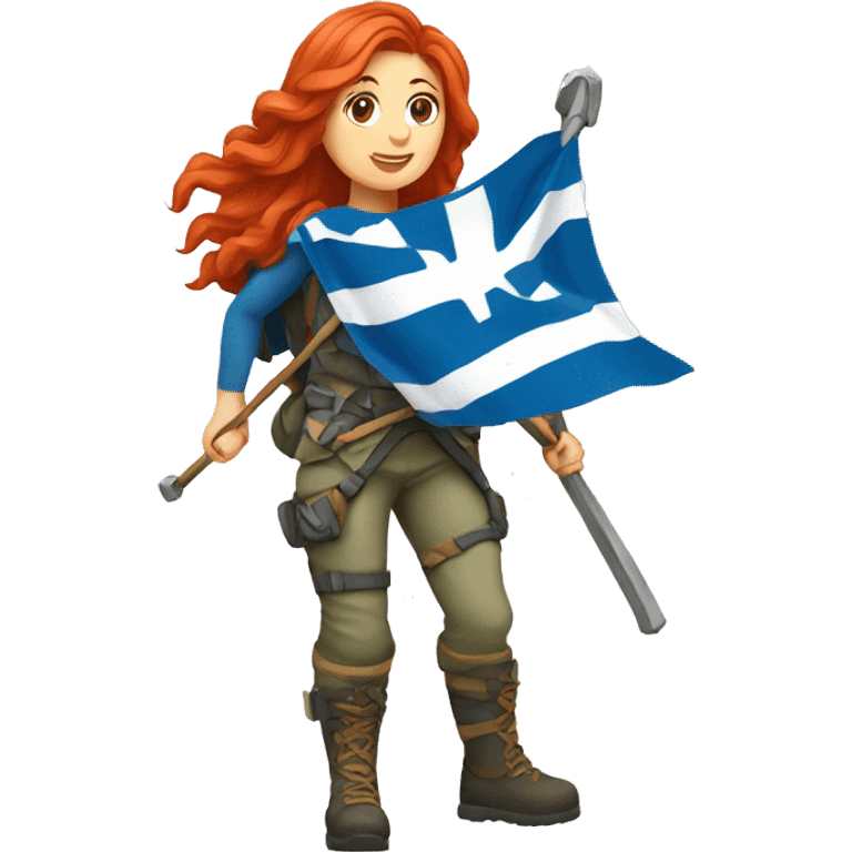 a red hair female mountaineer summitting with greek flag emoji