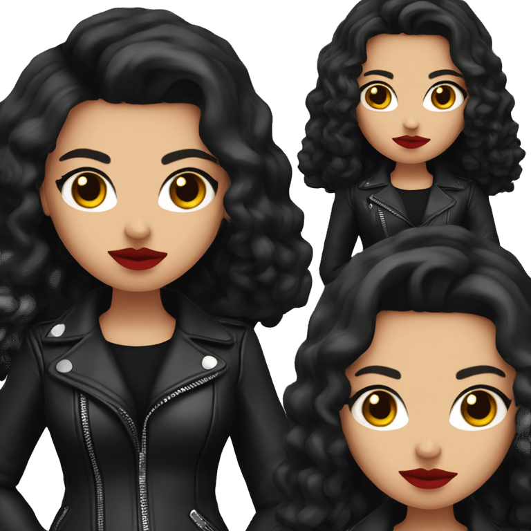 White girl, with long curly black hair, with red lipstick, black winged eyeliner, wearing black shirt and black leather jacket shrugging her shoulders emoji