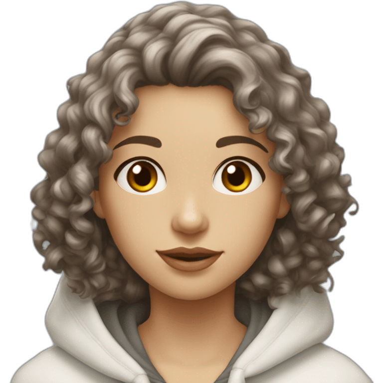 Brunette wavy medium curly hair with hazel eyes white wearing a hoode emoji