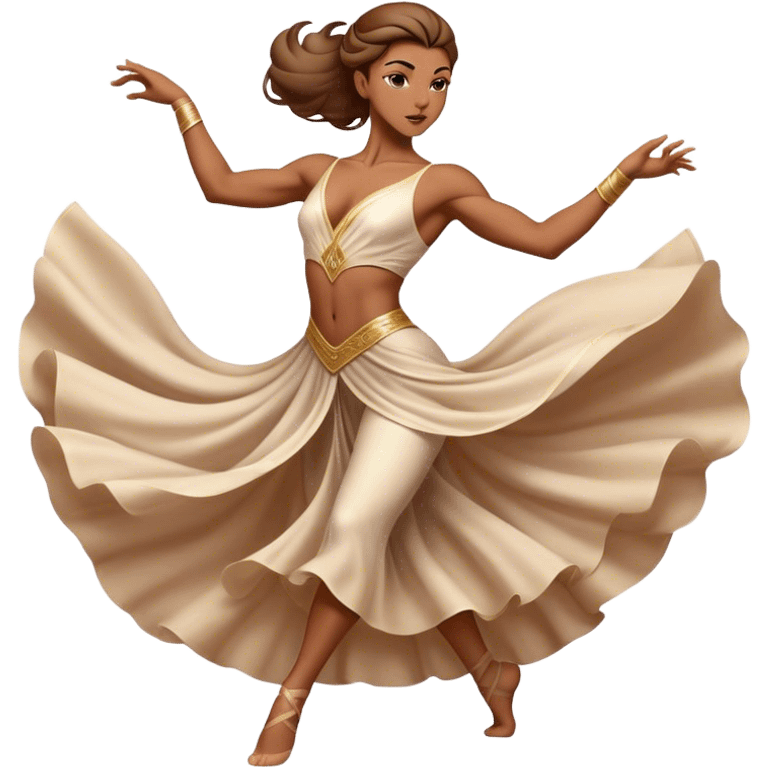 Cinematic Realistic Dance Poses, an elegant dancer mid-motion, muscles tensed with control, soft fabric of their attire flowing with movement, dramatic lighting highlighting the graceful lines, glowing with passion and poise. emoji